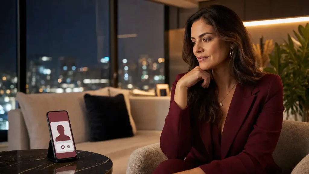Mulher analisando um perfil com atenção antes do primeiro contato
